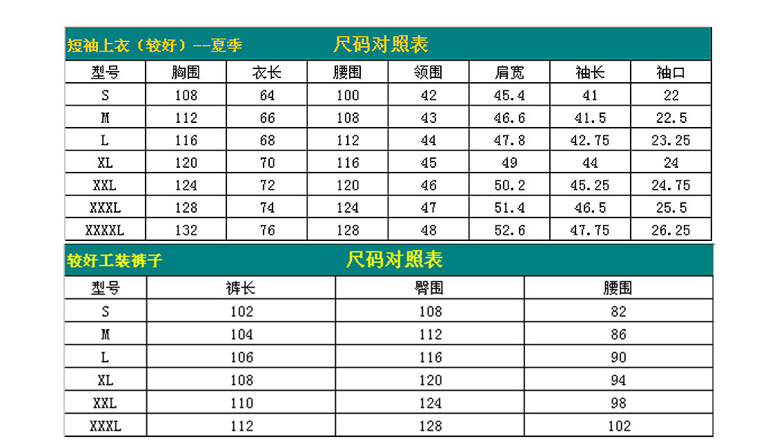 短袖工作服AD118-DX尺寸圖